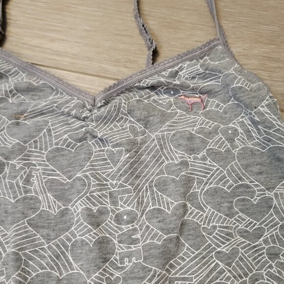 Vtg Victoria Secret PINK Gray All Over Heart Print Cover Up Sleep Tank Sz XS - Picture 6 of 9